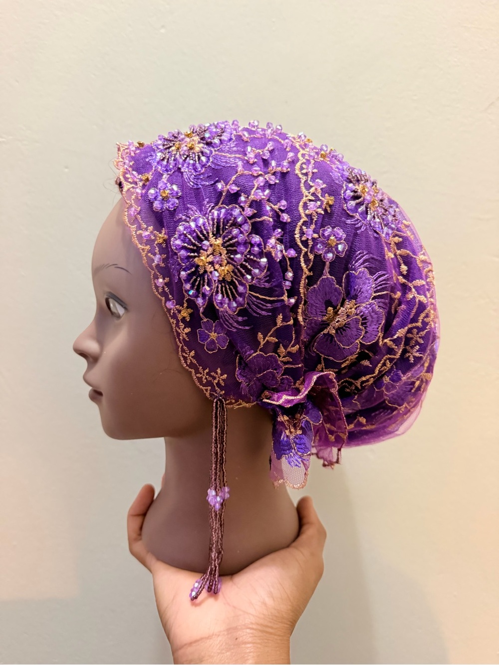 Embroidered Purple Lace Headwrap with Beaded Tassel